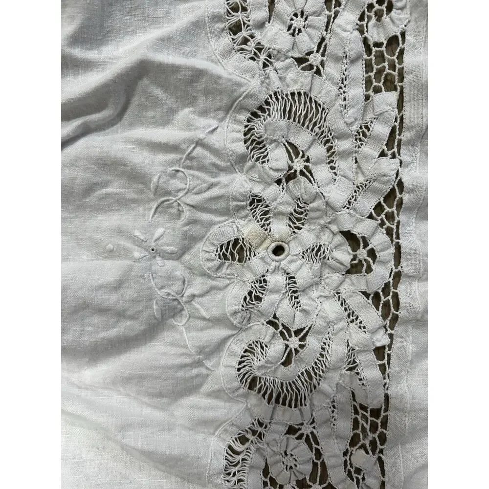 White Linen Rectangular Tablecloth Lace Cutwork Embroidered Floral Border